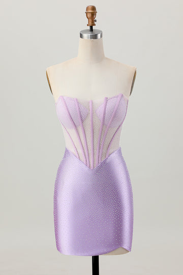 Strapless Lilac Corset Beaded Tight Homecoming Dress